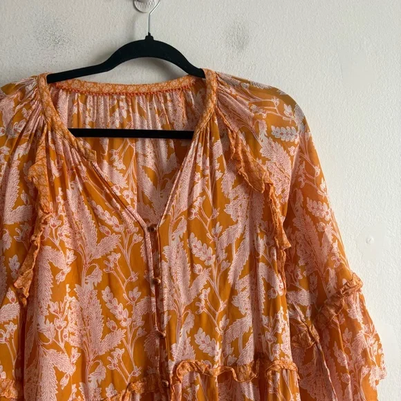 Anthropologie Sz M Mia Bohemian Semi Sheer Printed Flutter Sleeves Blouse Tunic - Picture 6 of 11